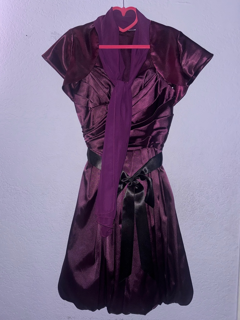 Satin Bubble Hem Mini Dress in Deep Purple with Scarf and Shawl